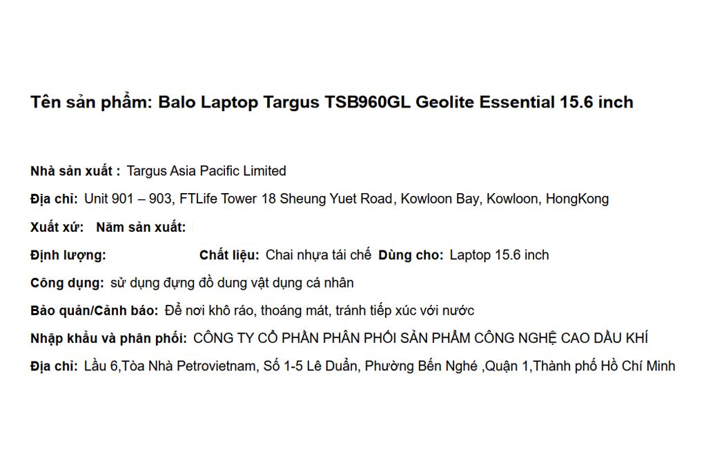 Balo Laptop 15.6 inch Targus Geolite Essential TSB960GL Màu Đen