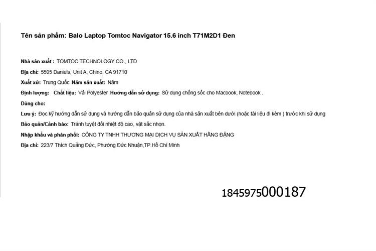 Balo Laptop 15.6 inch Tomtoc Navigator T71M2D1 Màu Đen