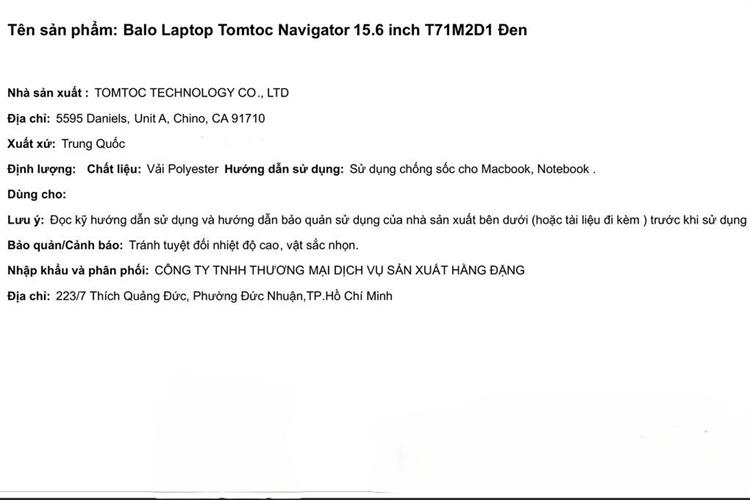 Balo Laptop 15.6 inch Tomtoc Navigator T71M2D1 Màu Đen