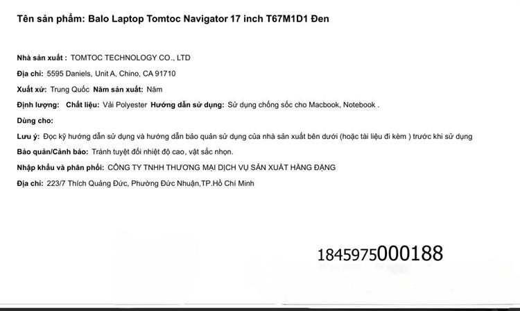 Balo Laptop 17 inch Tomtoc Navigator T67M1D1 Màu Đen