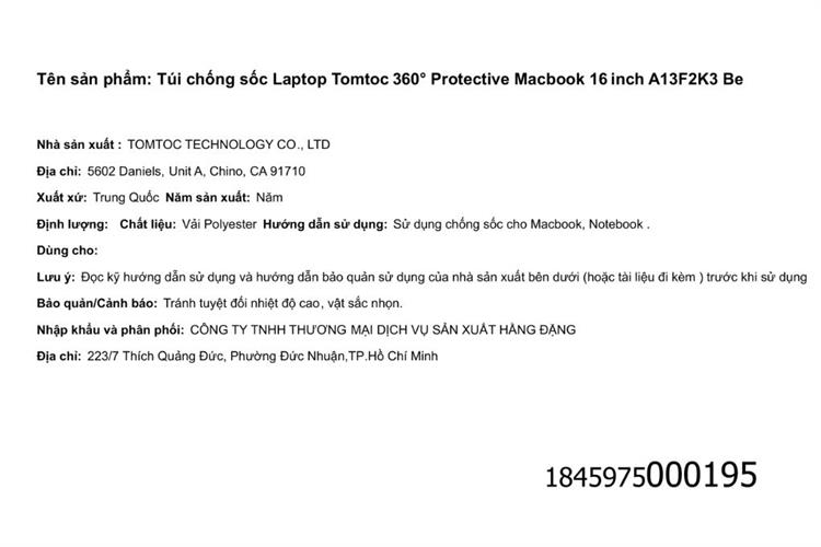 Túi chống sốc Laptop 16 inch Tomtoc 360 Protective Macbook A13 Màu Màu be