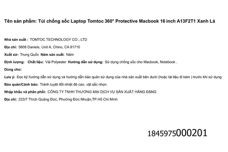 Túi chống sốc Laptop 16 inch Tomtoc 360 Protective Macbook A13 Màu Xanh lá