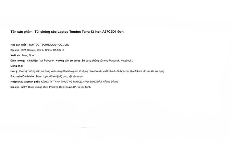 Túi chống sốc Laptop 13 inch Tomtoc Terra A27 Màu Đen