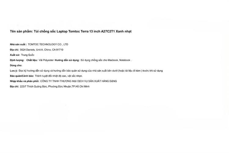 Túi chống sốc Laptop 13 inch Tomtoc Terra A27 Màu Xanh nhạt