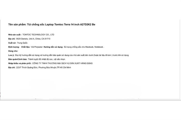 Túi chống sốc Laptop 14 inch Tomtoc Terra A27 Màu Màu be