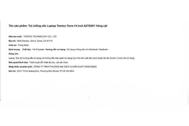 Túi chống sốc Laptop 14 inch Tomtoc Terra A27 Màu Vàng nhạt