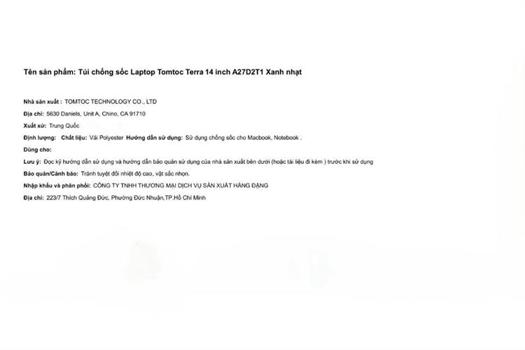 Túi chống sốc Laptop 14 inch Tomtoc Terra A27 Màu Xanh nhạt