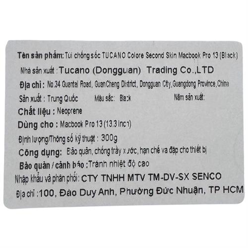 Túi chống sốc Macbook Pro 13.3 inch TUCANO Colore Second Skin - Đen Màu Đen