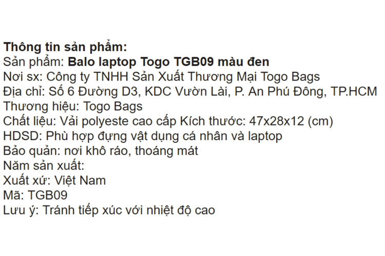 Balo Laptop 16 inch Togo TGB09 Màu Đen