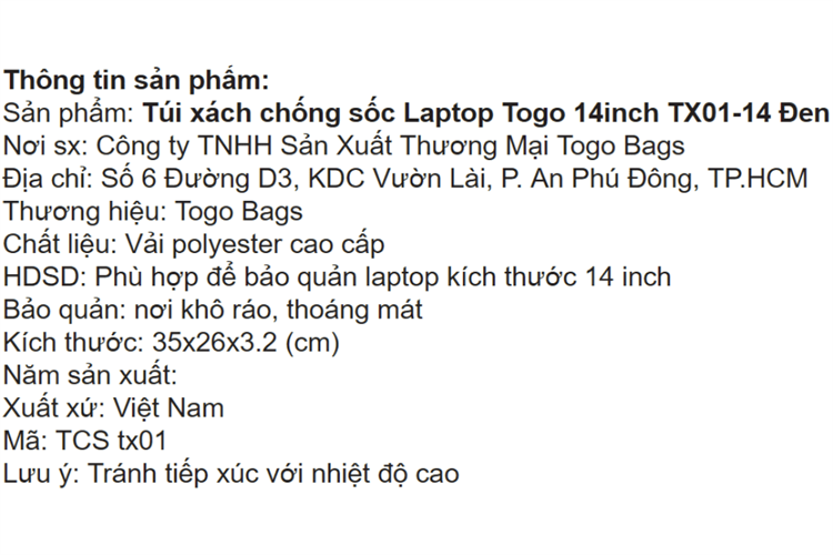 Túi xách chống sốc Laptop 14 inch Togo TX01-14 Màu Đen