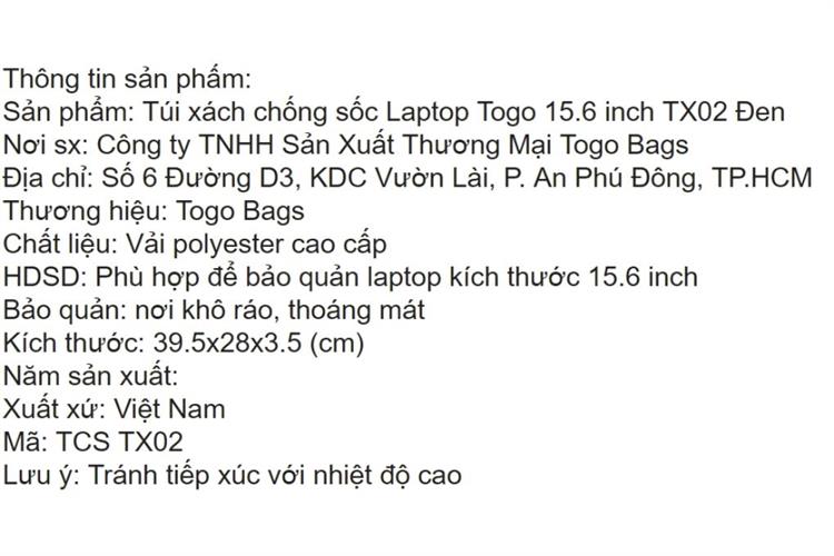 Túi xách chống sốc Laptop 15.6 inch Togo TX02 Màu Đen