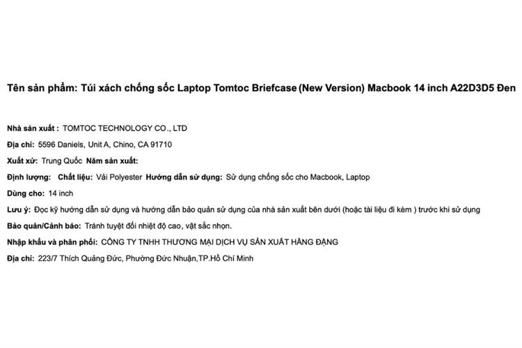 Túi xách chống sốc Macbook 14 inch Tomtoc Briefcase A22D3 Màu Đen