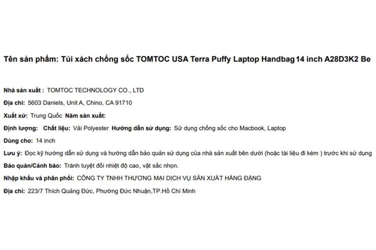 Túi xách chống sốc Laptop Handbag 14 inch Tomtoc USA Terra Puffy A28D3 Màu Màu be
