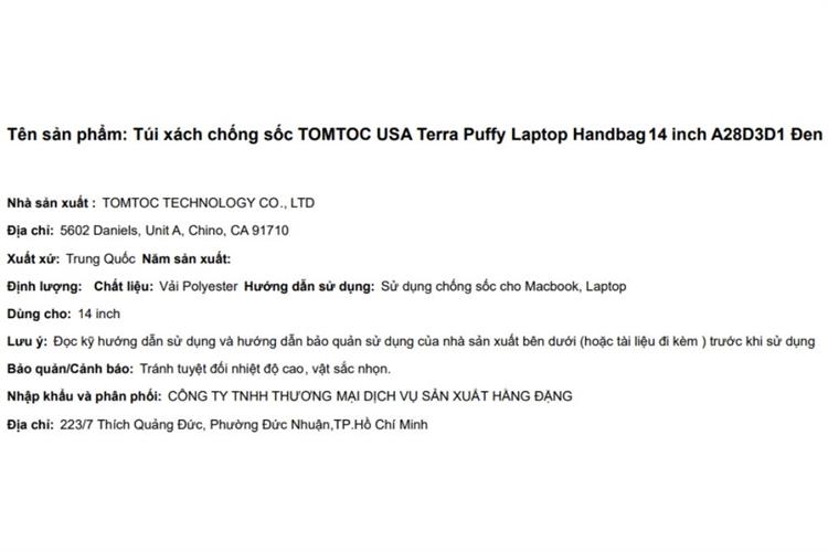 Túi xách chống sốc Laptop Handbag 14 inch Tomtoc USA Terra Puffy A28D3 Màu Đen