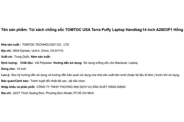 Túi xách chống sốc Laptop Handbag 14 inch Tomtoc USA Terra Puffy A28D3 Màu Hồng ruốc
