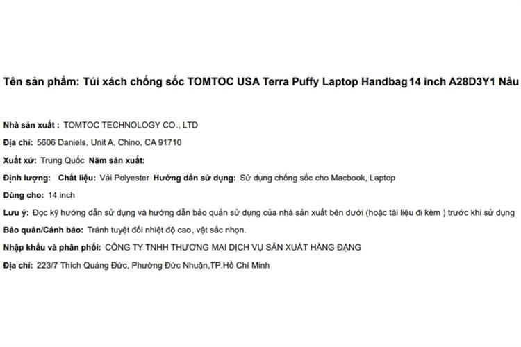 Túi xách chống sốc Laptop Handbag 14 inch Tomtoc USA Terra Puffy A28D3 Màu Nâu đất
