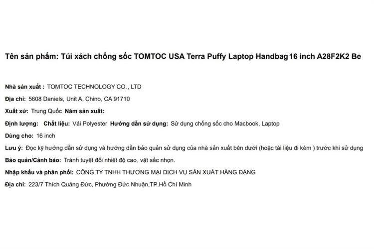 Túi xách chống sốc Laptop Handbag 16 inch Tomtoc USA Terra Puffy A28F2 Màu Màu be