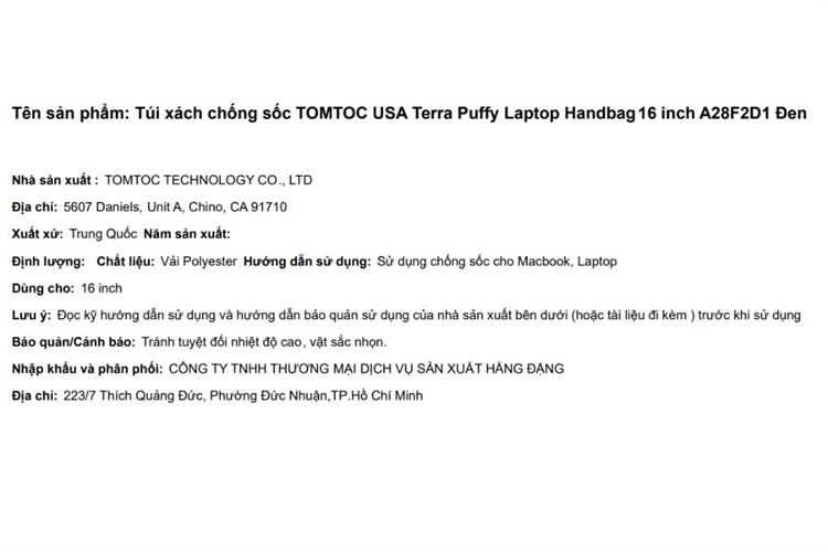 Túi xách chống sốc Laptop Handbag 16 inch Tomtoc USA Terra Puffy A28F2 Màu Đen