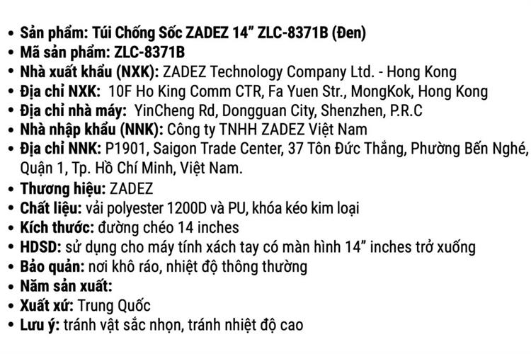 Túi chống sốc Laptop 14 inch Zadez ZLC-8371B Màu Đen