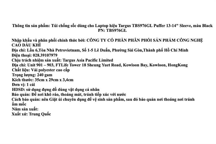 Túi chống sốc Laptop 14 inch Targus TBS976 Màu Đen