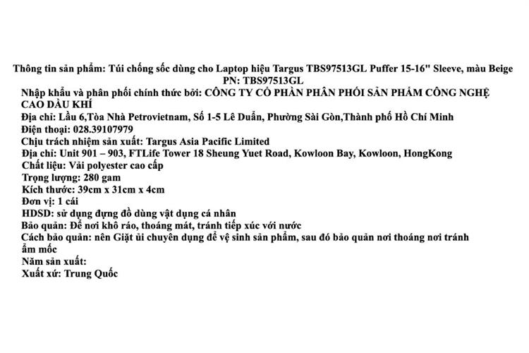 Túi chống sốc Laptop 16 inch Targus TBS975 Màu Màu be