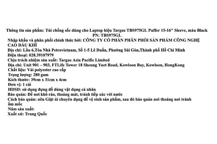 Túi chống sốc Laptop 16 inch Targus TBS975 Màu Đen