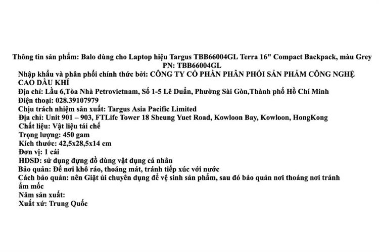 Balo Laptop 16 inch Targus TBB660 Màu Xám nhạt