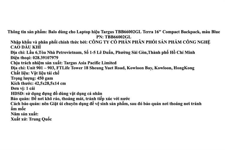 Balo Laptop 16 inch Targus TBB660 Màu Xanh Navy