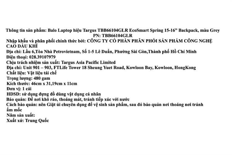 Balo Laptop 16 inch Targus TBB66104GLR Màu Xám nhạt