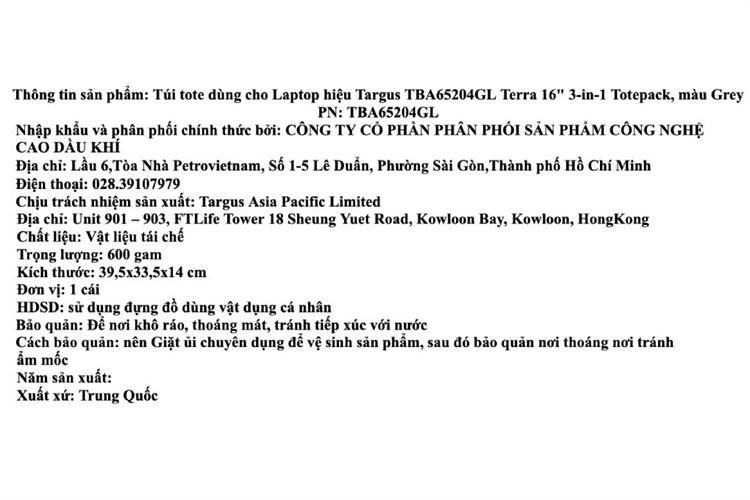Túi tote Laptop 16 inch Targus TBA65 Màu Xám nhạt