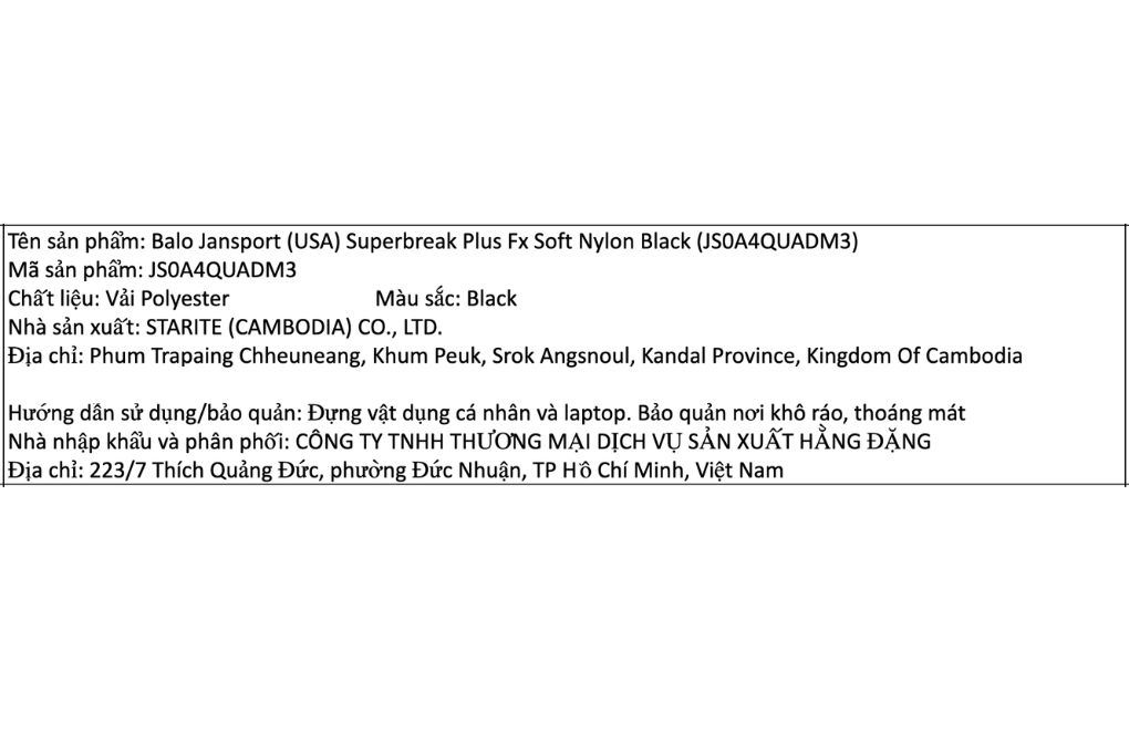 Balo Laptop 15 inch Jansport Superbreak Plus FX Soft Nylon Đen Màu Đen