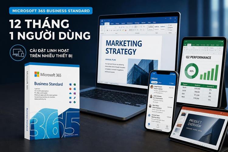 Microsoft Office 365 Business Standard Retail 12 tháng/1 người dùng/5 thiết bị(KLQ-00209) Màu Trắng