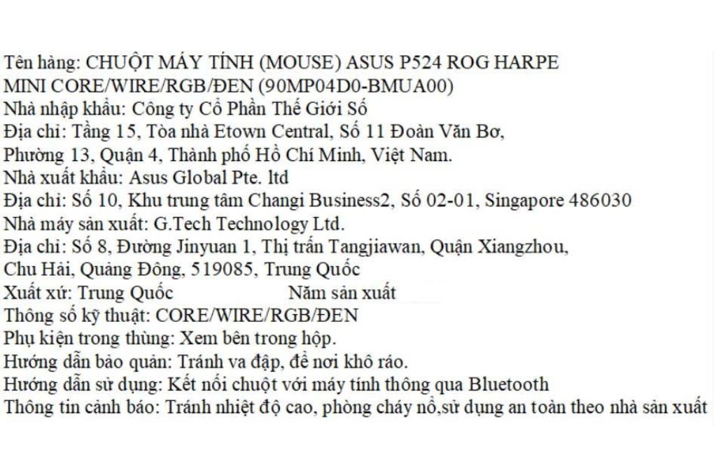 Chuột Có dây Gaming Asus P524 ROG Harpe Mini Core Màu Đen