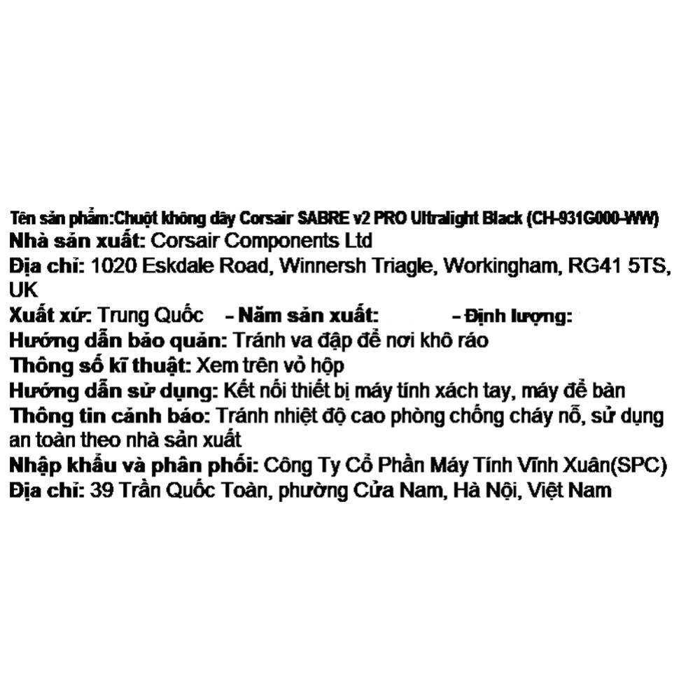 Chuột sạc Không dây Gaming Corsair SABRE V2 PRO Ultralight Black/CH-931G000-WW Màu Đen