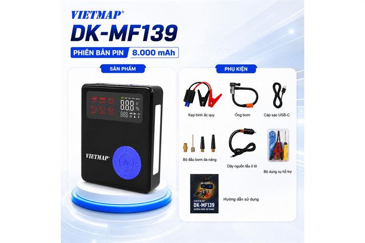 Máy Bơm Lốp Kích Bình Xe Hơi 8000 mAh Vietmap DK-MF139 8K Màu Đen