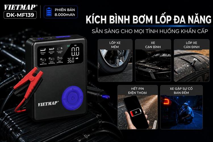Máy Bơm Lốp Kích Bình Xe Hơi 8000 mAh Vietmap DK-MF139 8K Màu Đen
