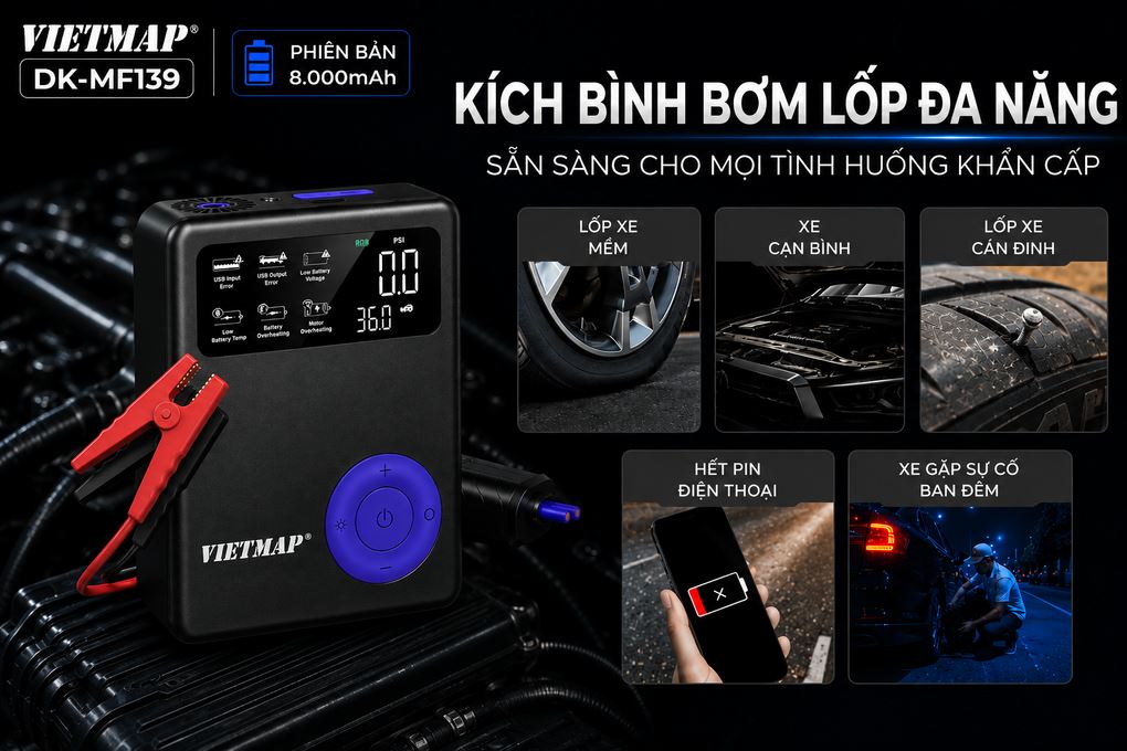 Máy Bơm Lốp Kích Bình Xe Hơi 8000 mAh Vietmap DK-MF139 8K Màu Đen