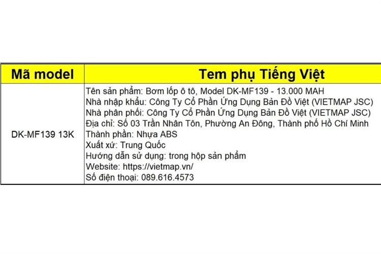 Máy Bơm Lốp Kích Bình Xe Hơi 13000 mAh Vietmap DK-MF139 13K Màu Xám
