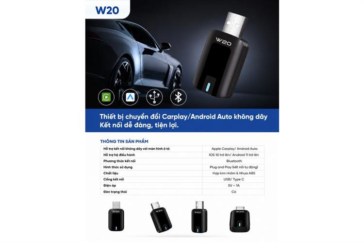 Thiết Bị Chuyển Đổi Apple CarPlay - Android Auto Không Dây Vietmap USB W20 Màu Đen