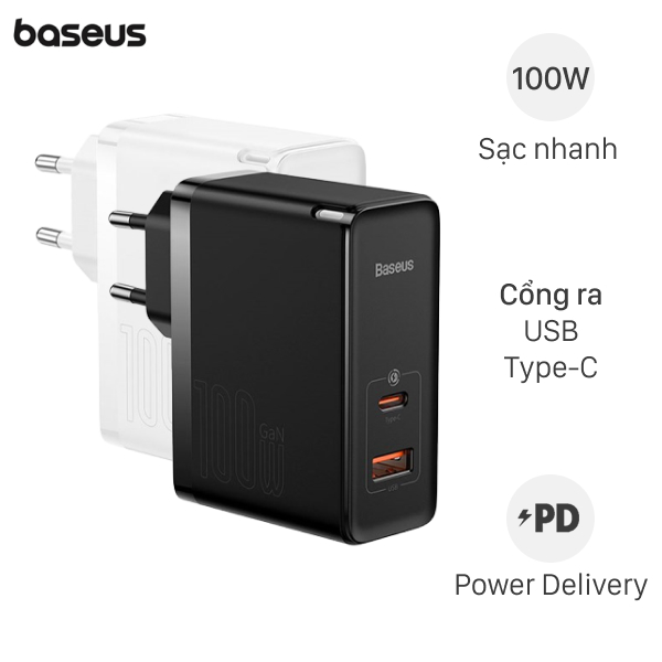 Bộ sạc nhanh 2 cổng USB Type-C QC3.0 PD 100W Baseus CCGAN100E5 kèm Cáp Type C - Type C