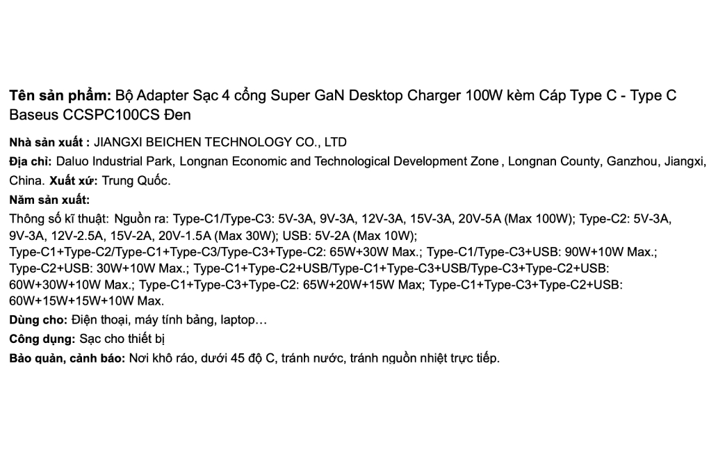 Bộ sạc nhanh 4 cổng USB Type-C 100W Baseus CCSPC100CS kèm Cáp Type C - Type C Màu Đen