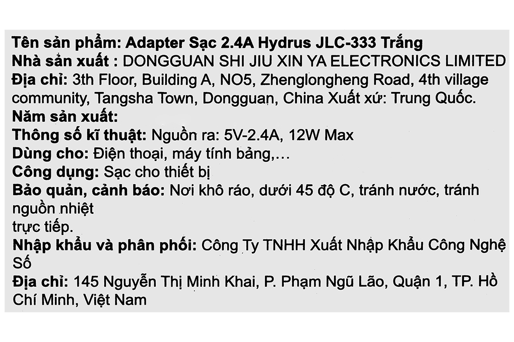 Sạc USB 12W Hydrus JLC-333 Màu Trắng