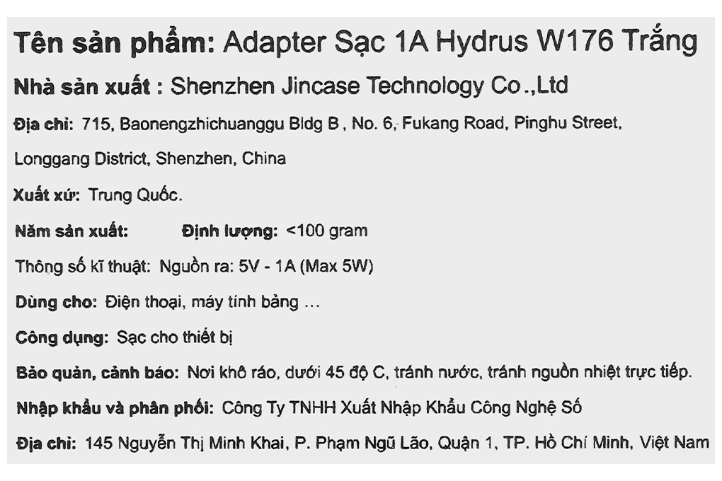 Sạc USB 5W Hydrus W176 Màu Trắng