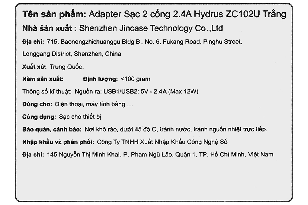 Sạc 2 cổng USB 12W Hydrus ZC102U Màu Trắng