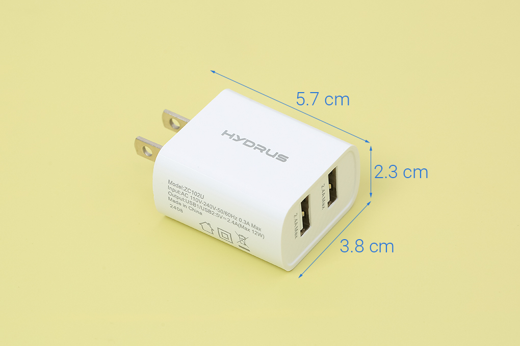 Sạc 2 cổng USB 12W Hydrus ZC102U Màu Trắng