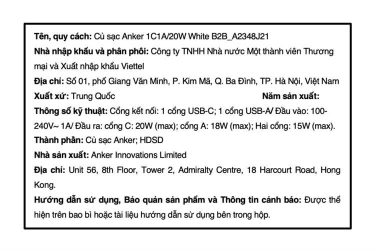 Sạc nhanh 2 cổng USB Type-C 20W Anker A2348 Màu Trắng