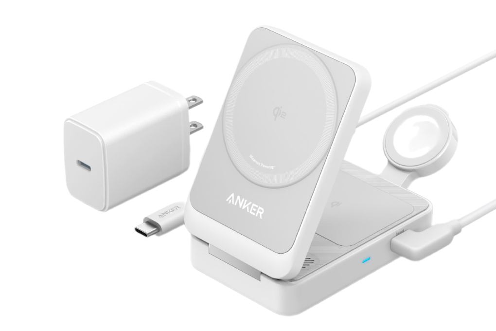 Bộ Đế sạc không dây 3 in 1 15W MagGo kèm Cáp Type C - Type C 1.5m Anker B2557 Màu Trắng