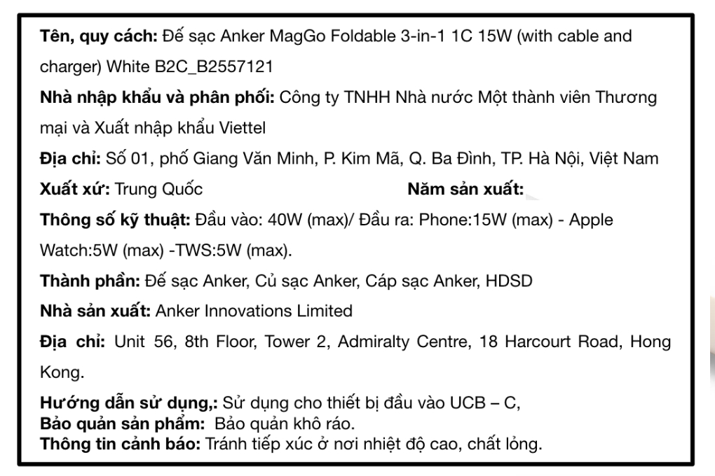 Bộ Đế sạc không dây 3 in 1 15W MagGo kèm Cáp Type C - Type C 1.5m Anker B2557 Màu Trắng