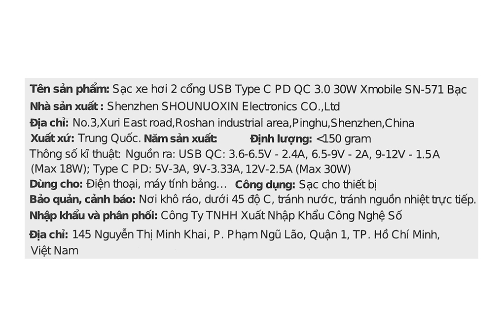 Sạc nhanh xe hơi 2 cổng USB Type-C QC3.0 PD 30W Xmobile SN-571 Màu Bạc