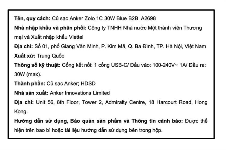 Sạc nhanh Type-C PD 30W Anker Zolo A2698 Màu Xanh Lam Nhạt